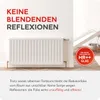 A white radiator is shown in a room with text overlays highlighting its features. Produktbild-Vorschau
