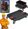 A collage of images showing a Kistenberg KXBP6045 Kistentransportwagen, a worker, and a tablet displaying the product. Náhled obrázku produktu