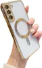 A hand holding a white smartphone with a gold-rimmed case, showcasing the camera module and a magnetic ring on the back. Náhled obrázku produktu