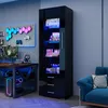 A modern gaming setup with a black display cabinet filled with various items, illuminated by blue LED lights. Produktbild-Vorschau