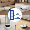 A collage of images showing a robot vacuum cleaner and its accessories, including filters and brushes, in various settings. Voir les images du produit