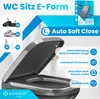 A toilet seat is shown open, with various features highlighted by text and icons. Produktbild-Vorschau