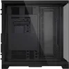 The image shows the interior of a black computer case with tempered glass panels. Voir les images du produit