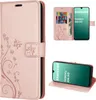 A collage of images showing a rose gold flip case for a Samsung Galaxy A16 5G, with one image showing the inside of the case with card slots and another showing the phone in the case. Produktbild-Vorschau