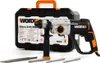 A rotary hammer drill and its accessories are displayed in front of its carrying case. Náhled obrázku produktu