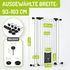 A white baby gate with various dimensions and included accessories shown. Produktbild-Vorschau