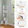 A white corner shelf unit with items on display, next to a window. The right side of the image shows close-ups of product features with German text labels. Produktbild-Vorschau