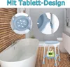 A bathroom scene with a bathtub, shower stool, and toilet. The image highlights a shower stool with a tray and close-ups of its design. Produktbild-Vorschau