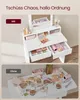 A split image showing a makeup vanity with organized drawers and then the same vanity with scattered makeup products. Produktbild-Vorschau