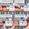A four-panel instructional image showing how to use a trolley master to unlock a shopping cart. Produktbild-Vorschau