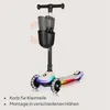 A three-wheeled scooter with LED lights and a detachable basket. Anteprima dell’immagine prodotto