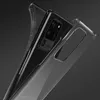 A clear phone case is shown on a dark gray background, with a black smartphone inside it. Produktbild-Vorschau