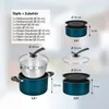 A collection of pots and accessories with dimensions and capacity indicated. Produktbild-Vorschau