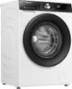A white Hisense washing machine with a black door and control panel, shown from a three-quarter angle against a white background. Produktbild-Vorschau