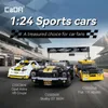 Three model sports cars on a racetrack with a checkered flag background. Anteprima dell’immagine prodotto
