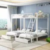 A children's bedroom with a white metal bunk bed, decorated with blue walls and a window with curtains. Produktbild-Vorschau
