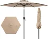 A beige patio umbrella is shown in three different states: fully open, folded, and a top-down view of the canopy. Podgląd zdjęcia produktu