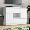 A white sideboard with a television on top, set against a textured gray wall.