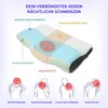 Diagram showing an orthopedic pillow with labels indicating areas of support and pain relief, along with illustrations of common pain points. Produktbild-Vorschau
