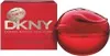 A red DKNY Be Tempted perfume bottle and its packaging are shown against a white background. Podgląd zdjęcia produktu