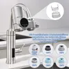 A water filter attached to a kitchen faucet, with various adapter attachments shown below. Produktbild-Vorschau