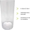A clear glass vase with text annotations describing its dimensions and features. Produktbild-Vorschau
