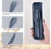 A collage of images showing a blue reusable cutlery set with its case, with close-ups of the fork, spoon, and knife, and descriptive text. Produktbild-Vorschau