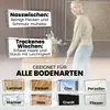 A woman is using a mop in a room, with text overlays highlighting the mop's features and suitability for different floor types. Produktbild-Vorschau