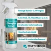 A bottle of cleaning product for stove glass is shown in front of a fireplace. Produktbild-Vorschau
