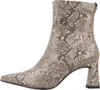 A single beige and brown snake-print ankle boot with a block heel is shown against a white background. Produktbild-Vorschau
