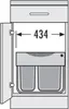 Diagram showing the dimensions of a pull-out trash bin system inside a cabinet. Produktbild-Vorschau