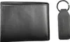A black leather wallet and a black leather keychain are displayed side-by-side against a white background. Náhľad obrázku produktu
