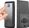 A hand is shown pressing a button on a smart lock. The smart lock is shown from two angles, front and side. Podgląd zdjęcia produktu