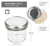A glass jar with a silver lid, showing dimensions and details. Anteprima dell’immagine prodotto