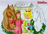 An advent calendar with cartoon characters Bibi and Tina, two horses, a house, and Christmas decorations. Produktbild-Vorschau