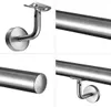 A collage of four images showing different angles and details of a stainless steel handrail and its mounting bracket. Produktbild-Vorschau
