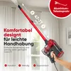 A hand holding a red and black vacuum cleaner with a telescopic tube extended towards the ceiling, with text overlays highlighting features. Produktbild-Vorschau