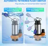 The image shows a submersible pump with a tethered float switch, illustrating its operation in two scenarios: starting when floating and stopping as water level drops. Produktbild-Vorschau