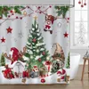 A Christmas-themed shower curtain with gnomes, a Christmas tree, and presents. Produktbild-Vorschau