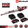 A product image showing a hedge trimmer, batteries, and chargers, with various marketing text and logos. Produktbild-Vorschau
