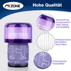 A close-up of a purple vacuum cleaner filter with descriptive text and close-up insets highlighting its features. Produktbild-Vorschau