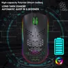 A gaming mouse with RGB lighting, surrounded by abstract digital graphics and text highlighting its features. Podgląd zdjęcia produktu