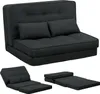 A black sofa bed shown in multiple configurations. Produktbild-Vorschau