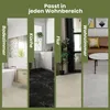 Collage of four different room settings (bathroom, kitchen, hallway, living room) showcasing flooring options. Produktbild-Vorschau