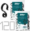 Two packages of Sillar gutter hooks for light chains are shown, along with a single hook and a decorative arrangement of hooks forming the numbers '120'. Produktbild-Vorschau