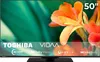 A television screen displaying a vibrant image of orange flowers with green leaves, along with brand and feature logos. Produktbild-Vorschau