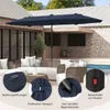 A large navy blue patio umbrella is set up on a patio with outdoor furniture and a swimming pool in the background. Several close-up insets highlight features of the umbrella. Produktbild-Vorschau