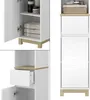 Collage of a white and wood bathroom cabinet, showing different angles and open doors. Voir les images du produit