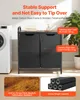A laundry sorter with two black fabric bins and a wooden top is shown next to a washing machine. Text overlays highlight product features and specifications. Náhľad obrázku produktu