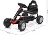 A black go-kart with red accents is shown from a three-quarter front angle against a white background. Dimensions are indicated by lines and text. Podgląd zdjęcia produktu